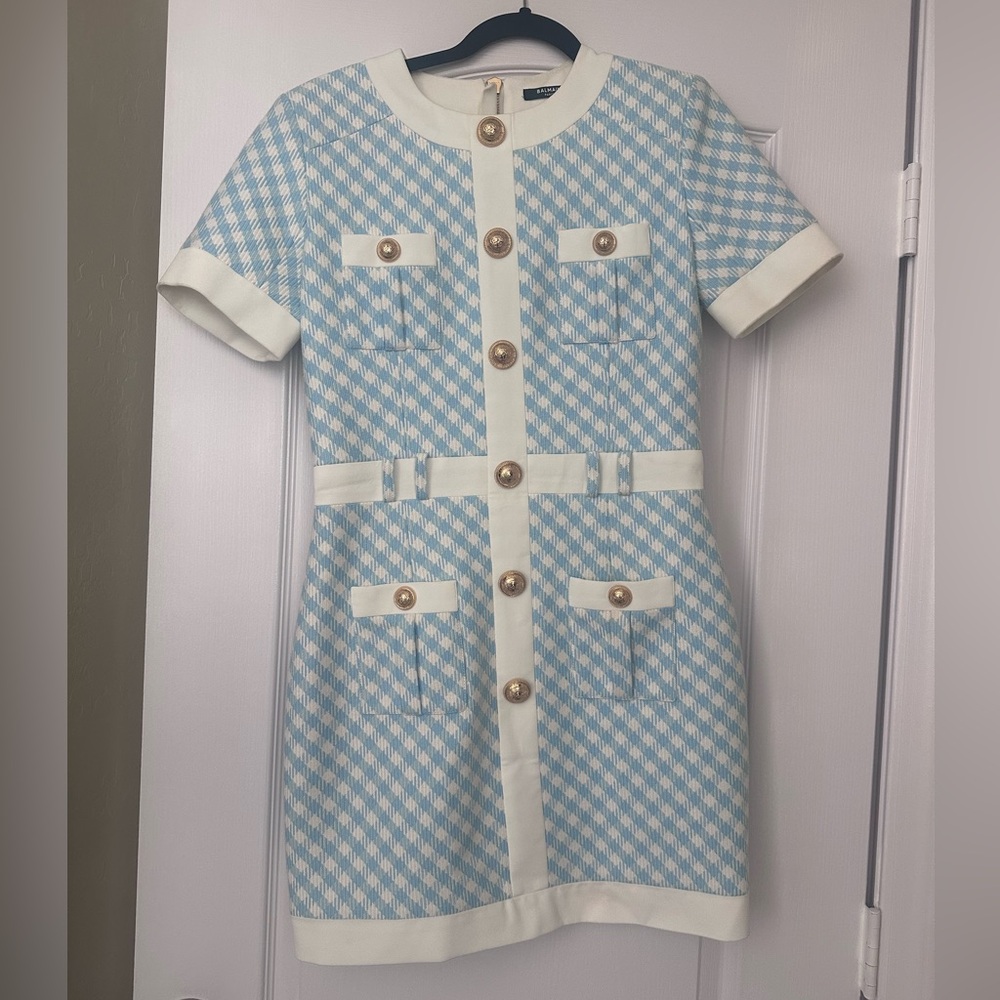 Balmain size 40 Blue and White Checkered Dress with Gold Buttons